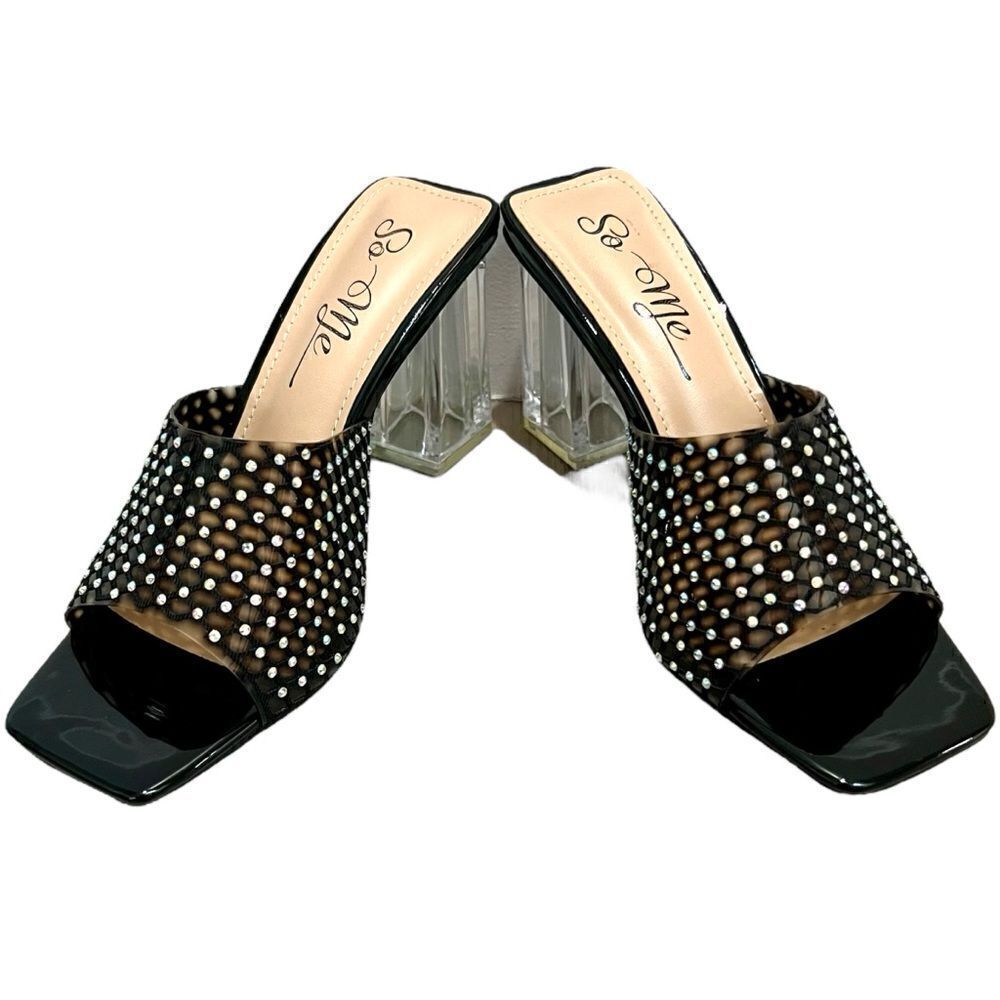 So me rhinestone black netted mule heels with clear chunky block heel sz 7 NWT
